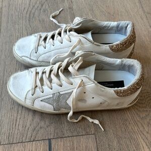 Golden Goose White and Gold Glitter Sneakers